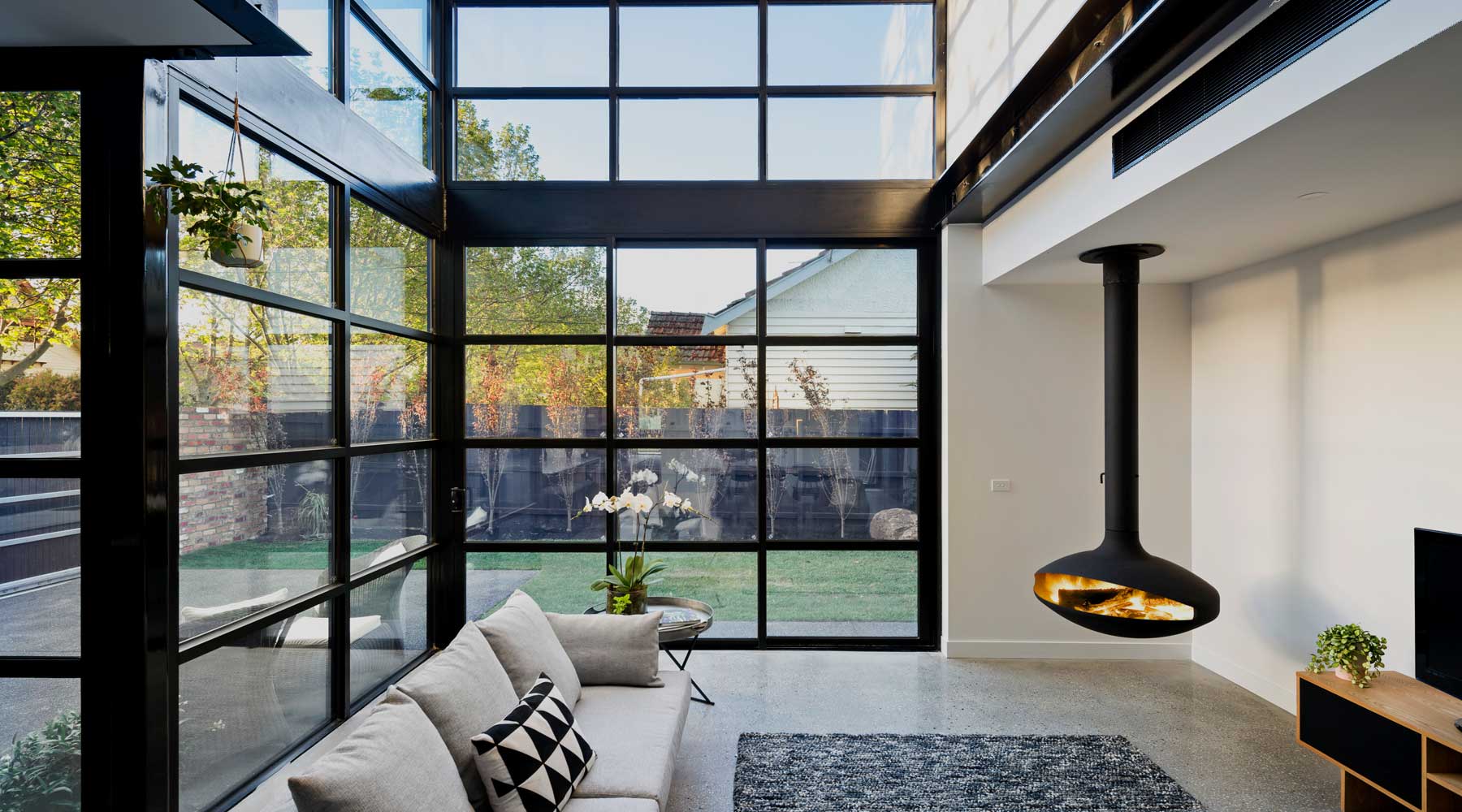 Living Room in Bastings Street, Northcote with VRV mini ducted bulkhead reverse cycle air conditioning, Linear bar grills