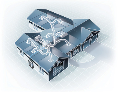 Cutaway diagram of a ducted reverse cycle system installed in a home