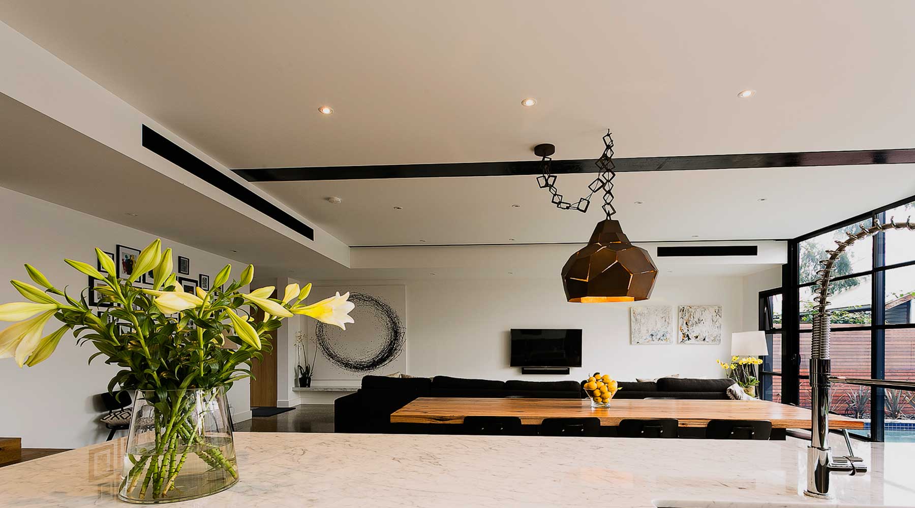 Living Room in Mitchell Street, Northcote with Mini ducted bulkhead reverse cycle air conditioning, Linear bar grill