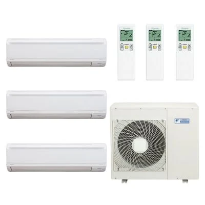Multi head split system air conditioning with three indoor units and one outdoor compressor
