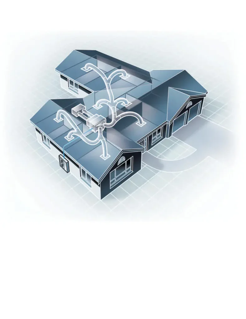 3D diagram of a ducted air conditioning system showing airflow distribution in a house.